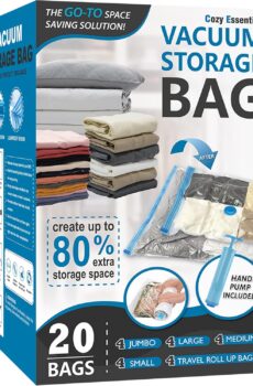 20 Pack Vacuum Storage Bags, Space Saver Bags (4 Jumbo/4 Large/4 Medium/4 Small/4 Roll) Compression for Comforters and Blankets, Sealer Clothes Storage, Hand Pump Included