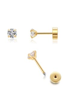 3mm Tiny CZ Screw on Flat Back Stud Earrings,Gold Plated Flat Back Cubic Zirconia Earrings for Helix Cartilage Tragus Earlobe Piercing Jewelry Gift for Women Men(3mm CZ, Gold)