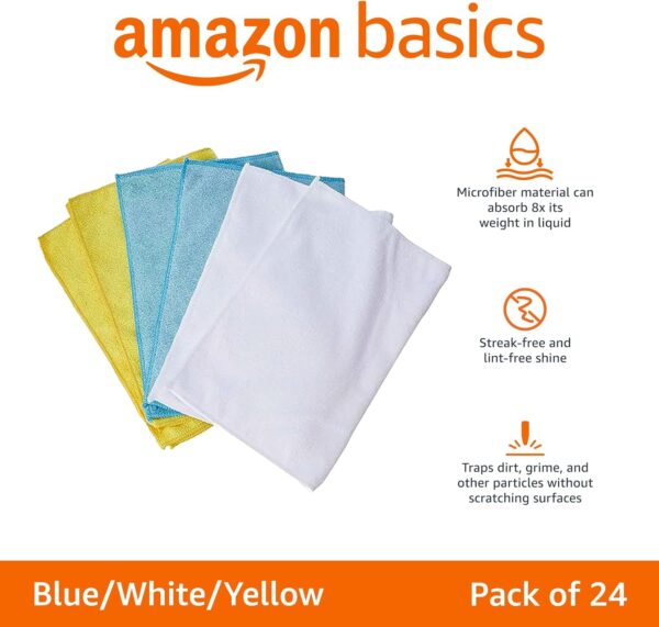 Amazon Basics Microfiber Cleaning Cloths, Non-Abrasive, Reusable and Washable, Pack of 24, Blue/White/Yellow, 16" x 12" - Image 2