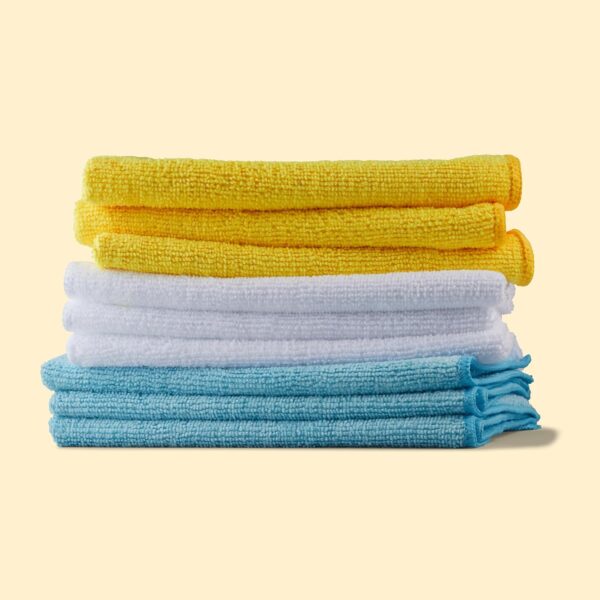 Amazon Basics Microfiber Cleaning Cloths, Non-Abrasive, Reusable and Washable, Pack of 24, Blue/White/Yellow, 16" x 12" - Image 5