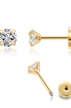 4mm CZ Flat Screw Back Stud Earrings,14K Gold Small Cubic Zirconia Earrings for Helix Cartilage Tragus Earlobe Piercing Jewelry Gift for Women(4mm CZ, Gold)