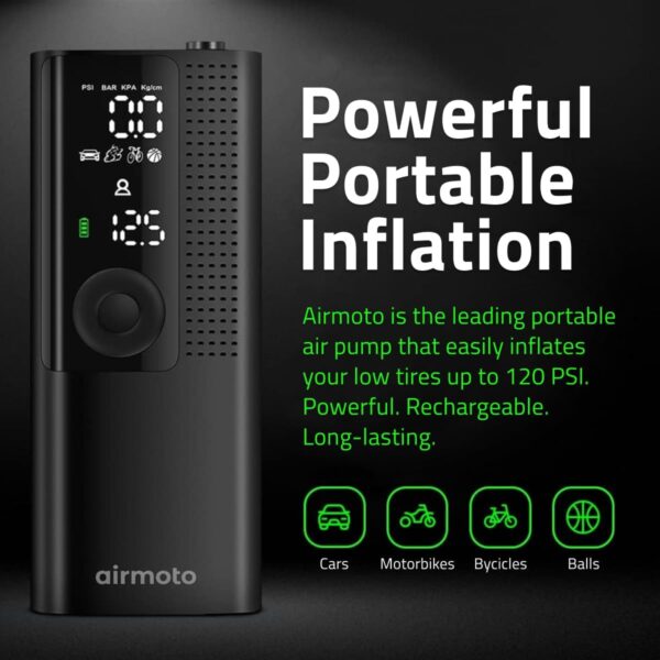 Airmoto Tire Inflator Portable Air Compressor - Air Pump for Car Tires with Tire Pressure Gauge - One Click Smart Pump Tire Inflator for Car, Motorcycle, Bicycle and More - Image 2