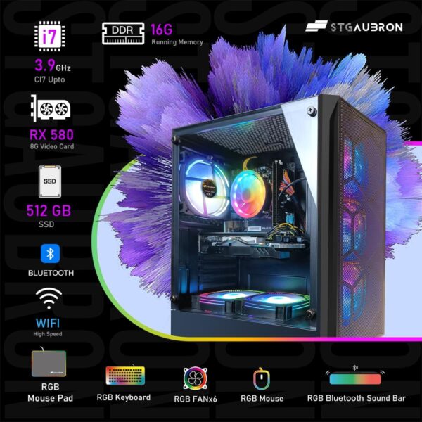 STGAubron Gaming Desktop PC Computer,Intel Core I7 3.4 GHz up to 3.9 GHz,Radeon RX 580 8G GDDR5,16G RAM,512G SSD,WiFi,Bluetooth 5.0,RGB Fanx6,RGB Keyboard&Mouse&Mouse Pad,RGB BT Sound Bar,W10H64 - Image 5