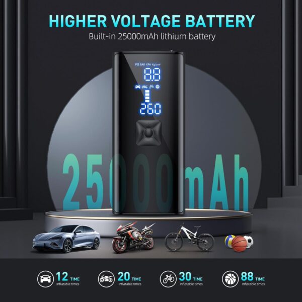 Tire Inflator Portable Air Compressor, 180PSI & 2X Faster Portable Air Pump with Digital Pressure Gauge, 25000mAh Cordless Air Compressor for Car, Bike, Motorcycle, Ball - Image 4