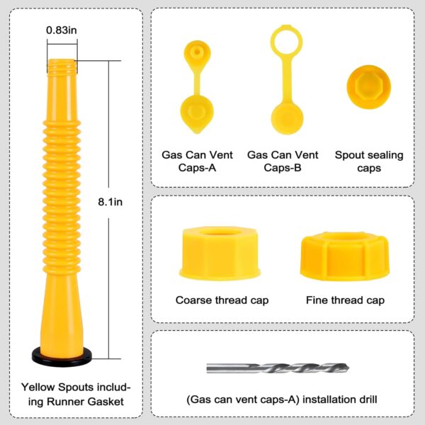 Gas Can Spout Replacement, Gas Can Nozzle. Hose Length is 8.1 in, Easier to use. For most 1/2/5/10 gal oil cans. With Gas Tank Vent Caps, Thick rubber pad, Spout Cover, Base Caps (6 Kit-Yellow) - Image 6