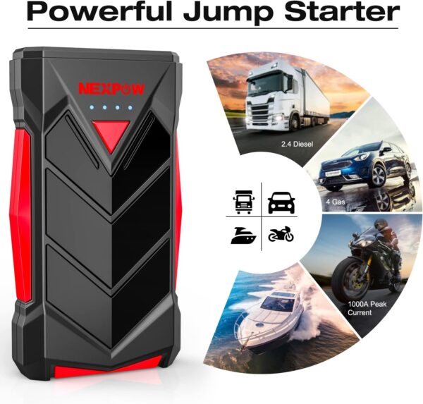 NEXPOW Portable Jump Starter,12V Car Battery Jump Starter Power Pack with USB Quick Charge (Up to 7L Gas or 5.5L Diesel Engine) Battery Booster with Built-in LED Light - Image 7