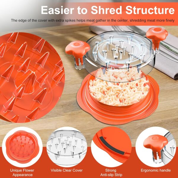 Chicken Shredder Large Chicken Breast Shredder Tool Twist with Brush&Fork, Visible Meat Shredder Machine, Anti-Slip Strip, Ergonomic Handle, BPA Free, Suitable for Pork Beef Chicken(Orange) - Image 3