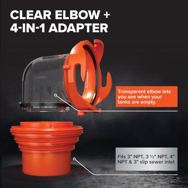 Camco RhinoFLEX 20-Ft Camper/RV Sewer Hose Kit - Features Clear Elbow Fitting w/Removable 4-in-1 Adapter - Connects to 3” Slip or 3”/3.5”/4” NPT Threaded Sewer Connection (39742) - Image 5
