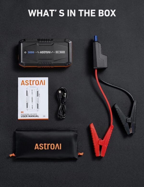 AstroAI S8 Car Battery Jump Starter, 1500A Jump Starter Battery Pack for Up to 6.0L Gas & 3.0L Diesel Engines, 12V Portable Jump Box with 3 Modes Flashlight and Jumper Cable(Orange) - Image 8