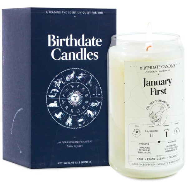 Birthdate Candles, January 1 - Capricorn Zodiac Scented Candles Birthday Gift - Sage, Frankincense & Oakmoss Scent - All-Natural Soy & Coconut Wax, 60-80 Hour Burn Time - Made in USA