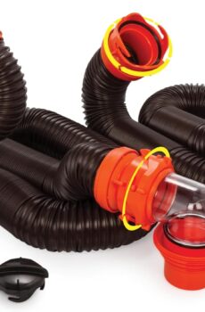 Camco RhinoFLEX 20-Ft Camper/RV Sewer Hose Kit – Features Clear Elbow Fitting w/Removable 4-in-1 Adapter – Connects to 3” Slip or 3”/3.5”/4” NPT Threaded Sewer Connection (39742)