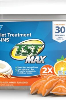 Camco TST MAX Camper / RV Toilet Treatment Drop-INs – Control Unwanted Odors & Break Down Waste and Tissue – Safe Septic Tank Treatment – Orange Scent, 30-Pack (41183)