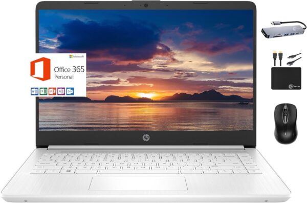 HP 2024 Premium 14" Micro-Edge Portable Laptop Student Business, Intel Quad-Core N4120, 4GB RAM, 128GB (64GB eMMC+ 64GB Card), Webcam, WiFi, Windows 11S + 1 Year Office 365, MarxsolAccessory White