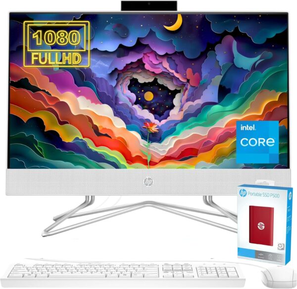 HP Newest All-in-One Desktop, 21.5" FHD Display, 32GB RAM, 1TB Storage (512GB SSD with P500 500GB External SSD), Intel Dual-Core Processor, Webcam, HDMI, Bluetooth, Mouse and Keyboard, Windows 11