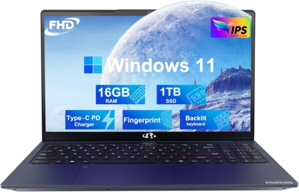 NIMO 15.6 FHD Student Laptop, 16GB RAM, 1TB SSD, Backlit Keyboard, Fingerprint, Intel Pentium Quad-Core N100 (Beat to i3-1115G4, Up to 3.4GHz), 2 Years Warranty, 90 Days Return, WiFi 6, Win 11