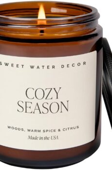 Sweet Water Decor Cozy Season Soy Candles - Fall Candles with Woods, Warm Spice, and Citrus Scent for Home Decor - Soy Candle with 40 Hours Burn Time - 9Oz Black Lid Amber Jar Candles Fall Scents