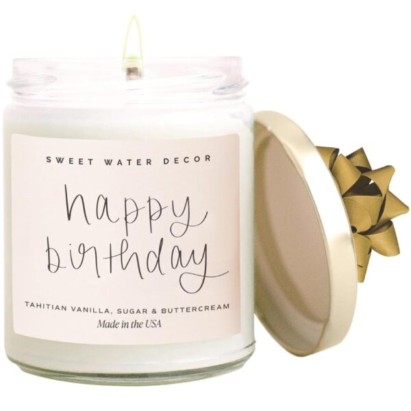 Sweet Water Decor Happy Birthday Candles for Women - Vanilla Sugar & Buttercream Sweet Scented Happy Birthday Candle Gift for Mom Friends & Girls - Vanilla Scented Candles with 40 Hour Burn Time - 9oz