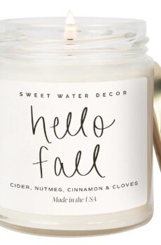 Sweet Water Decor Hello Fall Candle – Cinnamon Apples & Clove Autumn Fall Scented Candle for Home Decor – 100% Cotton Wick Soy Wax Candles with 40 Hour Burn Time – Made in the USA – 9oz Clear Jar