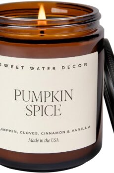 Sweet Water Decor Pumpkin Spice Candle | Pumpkin, Cloves, Buttercream, Cinnamon, and Vanilla Scented Candles for Home | 9oz Amber Jar with Black Lid, 40+ Hour Burn Time, Made in the USA