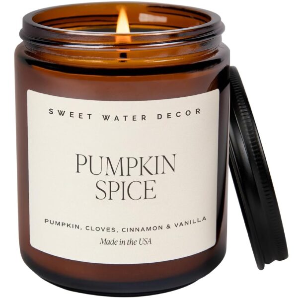 Sweet Water Decor Pumpkin Spice Candle | Pumpkin, Cloves, Buttercream, Cinnamon, and Vanilla Scented Candles for Home | 9oz Amber Jar with Black Lid, 40+ Hour Burn Time, Made in the USA