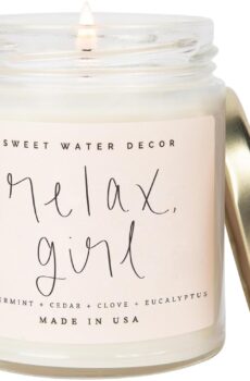 Sweet Water Decor, Relax Girl, Peppermint, Cedar, Clove, and Eucalyptus Scented Soy Wax Candle for Home | 9oz Clear Jar, 40 Hour Burn Time, Made in the USA