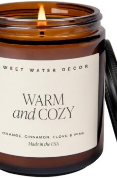 Sweet Water Decor Warm and Cozy Soy Candle – Orange Peel, Cinnamon, Ginger and Clove Scented Candles for Home – 9oz Amber Jar + Black Lid, 40+ Hour Burn Time, Made in the USA