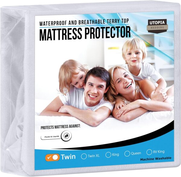 Utopia Bedding Waterproof Mattress Protector Twin Size, Premium Terry Mattress Cover 200 GSM, Breathable, Fitted Style with Stretchable Pockets (White)