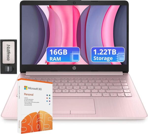 HP Flagship 14" Laptop with 1 Year Office 365 | 16GB RAM | 1.22TB Storage(64GB EMMC & 160GB Docking Station & 1TB Cloud Storage) | Intel 4-Core Processor| Webcam | Pink | Windows 11