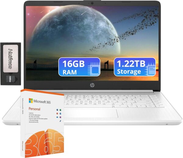 HP Flagship 14" HD Laptop with 1 Year Office 365 | 16GB RAM | 1.22TB Storage(64GB EMMC & 160GB Docking Station Set & 1TB Cloud Storage) | Intel 4-Core Processor | Webcam | Win 11s | White