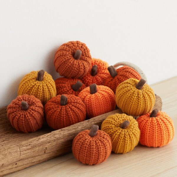 Knit pumpkins set of 12, mini pumpkin decor, orange pumpkim bowl fillers for fall, gold pumpkins for garland, Thanksgiving tablescape, brown (Mini Orange Set 12)