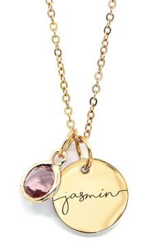 Personalized Birthstone Name Necklace Gold Plated Disc Pendant Charm, Custom Jewelry Gift for Women, Birthday and Holiday Necklace, Personalized Gifts for New Moms -CN-BS-SH