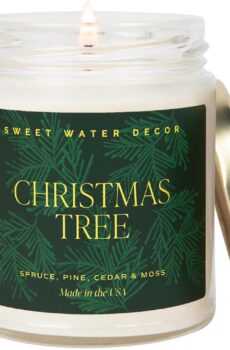 Sweet Water Decor Christmas Tree Candle - Spruce, Pine Needles and Evergreen Candles Scented Soy Candles for Home - Christmas Candle Gold Foil Pattern 9oz Clear Jar, 40 Hour Burn Time, Made in the USA