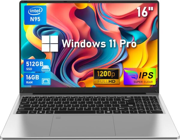 16 Inch Laptop Computer, Gaming Laptop, 16GB RAM 512GB SSD, N95 Processor, FHD 1920 * 1200, 180 Angle Open, Backlit Keyboard, Windows 11 Pro, Fingerprint Unlock, BT 4.2, WiFi 5