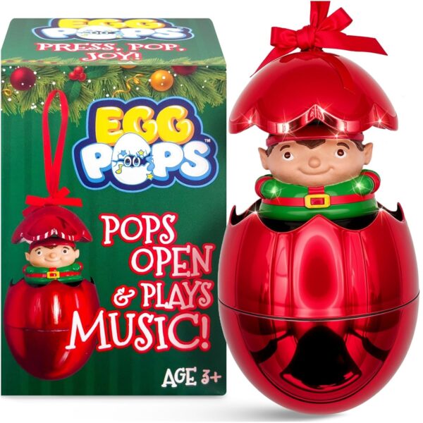 Musical Christmas Tree Ornament, Pops Open to Reveal a Festive Figure & Plays Jingle Bells, 2024 Christmas Ornament, Holiday Decor, White Elephant Gifts, Xmas Decoration for Kids (Elf Egg Pops)