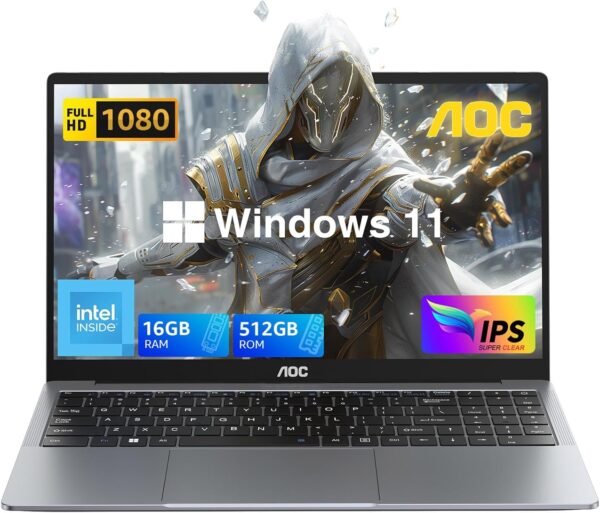 AOC Laptop Computer with N97 Processor(Up to 3.6GHz) 16GB RAM 512GB SSD Laptop, 15.6 Inch FHD Screen Gaming Laptops Windows 11 Laptop Computer, Light&Thin, Metal Shell, Webcam, Type-C, USB3.2, Grey