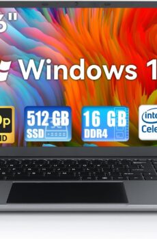 Laptop Computer, 16GB RAM 512GB ROM Intel Celeron Quad-Core Processors, 15.6 inch Laptops, 1920 x 1080 IPS, 38Wh Battery, WiFi, Bluetooth, Type-C, TF Card, Mini-HDMI