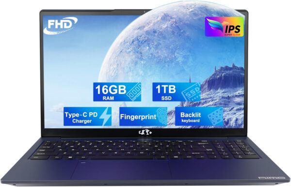 NIMO 15.6 FHD Student Laptop, 16GB RAM, 1TB SSD, Backlit Keyboard, Fingerprint, Intel Pentium 4 Core N100 (Beat to i3-1115G4, Up to 3.4GHz), WiFi 6, IPS Computer, Numpad, Win 11, Blue