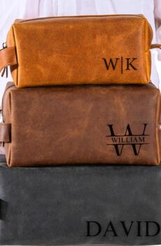 Personalized Leather Toiletry Bag for Men - Shaving Dopp Kit with Name & Initial - 4 Canvas & 12 Designs - Ideal Gift for Husband, Dad, Boyfriend for Anniversary, Birthday & Christmas-Handmade in USA