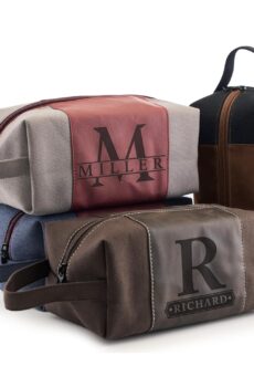 Toiletry Bag for Men Personalized, Laser Engraved Initial & Name on Leather, Custom 4 Canvas Colors - Gift for Husband, Dad, Boy Friend, Handcrafted Travel Bag, Waterproof Shaving Dopp Kit