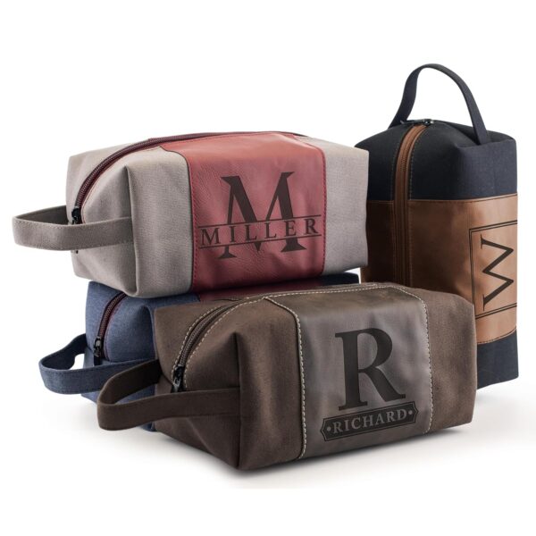 Toiletry Bag for Men Personalized, Laser Engraved Initial & Name on Leather, Custom 4 Canvas Colors - Gift for Husband, Dad, Boy Friend, Handcrafted Travel Bag, Waterproof Shaving Dopp Kit