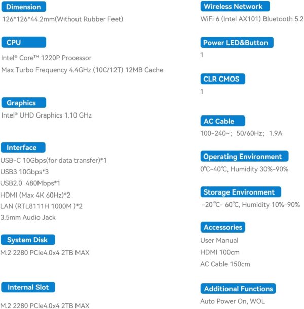 Beelink EQi12 Mini PC, Mini Computers with 12th Gen Core i3 1220P (10C/12T up to 4.4Ghz), 24G LPDDR5 (5200Mhz) + 500G M.2 2280 PCle 4.0x4 SSD, WiFi 6, BT 5.2, Dual HDMI, Dual 1000Mbps LAN - Image 8