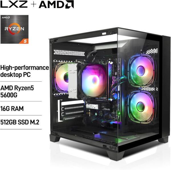 LXZ Desktop Computer AMD Ryzen 5 5600G 6 core 3.9GHz, 16G DDR4 RAM, 512G NVME SSD, Tower Computer for Gaming, Home and Office (Black) - Image 3