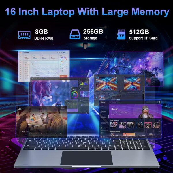 16 inch Laptop, 8GB RAM 256GB Storage Laptop Computer, 5305U Processor, 1920x1200 IPS FHD Display, WiFi, Bluetooth, Webcam, Type-C, 38Wh Battery - Image 3