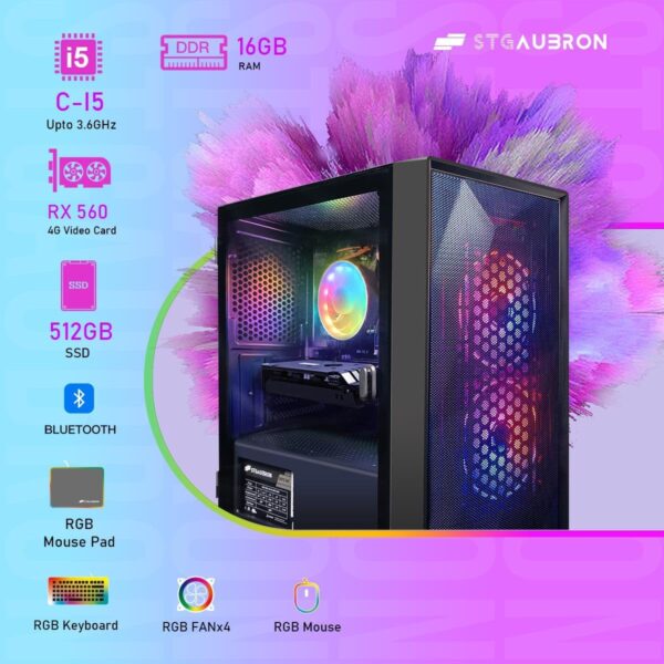 STGAubron Gaming PC Desktop, Radeon RX 560 4G, Intel core i5 up to 3.6GHz, 16G Memory, 512G SSD, 600M WiFi, BT 5.0, RGB Fan x2, RGB Mouse Pad, Windows 10 Home - Image 3