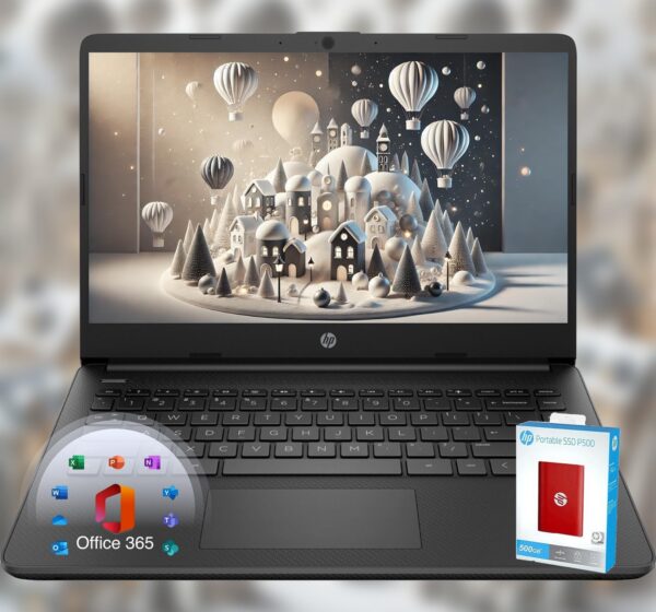 HP 14 Laptop • Back to School Limited Edition with Microsoft 365 • 4-Core Intel CPU • 16GB RAM •1600GB Storage (64GB OnBoard + 512GB P500 Portable SSD + 1TB OneDrive) • Black • Win 11 - Image 2