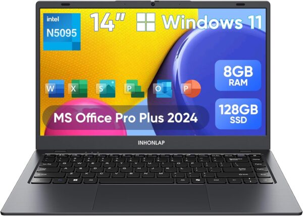 Laptop Computer, 14 Inch Laptop 8GB RAM 128GB SSD Laptops, Quad-Core N5095 Processor, Up to 2.9 GHz, Win11 Pro, Office Pro Plus 2024, WiFi 5, BT 5.0, Webcam, Long Lasting Battery, Black