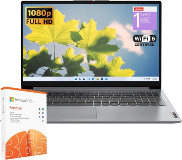 Lenovo IdeaPad 1 Student Laptop, Intel Dual Core Processor, 12GB RAM, 512GB SSD + 128GB eMMC, 15.6" FHD Display, 1 Year Office 365, Windows 11 Home, Wi-Fi 6, Webcam, Bluetooth, SD Card Reader, Grey - Image 2