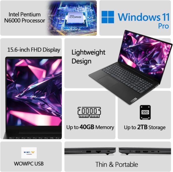 Lenovo New V15 Business Laptop | 40GB RAM | 1TB SSD | Intel Pentium N6000 Processor | 15.6" FHD 1080p Anti-Glare Display | Ethernet RJ-45 | Wi-Fi 6 | Webcam | Windows 11 Pro | WOWPC Recovery USB - Image 2