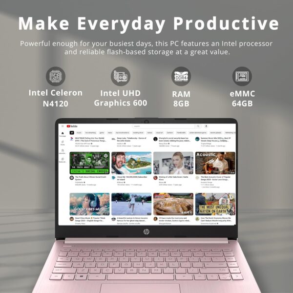 HP 2022 Stream 14" HD BrightView Laptop, Intel Celeron N4020 Processor, 8GB RAM, 64GB SSD, Intel HD Graphics, 720p Webcam, 1 Year Office 365, Pink, Win 11, 32GB Snowbell USB Card - Image 3