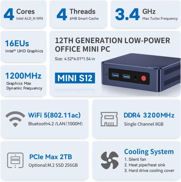 Beelink Mini S12 Mini PC, 12th Intel Alder Lake- N95 (4C/4T, up to 3.4GHz), 8GB DDR4 256GB M.2 SSD, Mini Desktop Computer Support 4K@60Hz Dual Display/BT 4.2/WiFi 5/USB 3.2/Gigabit Ethernet - Image 3
